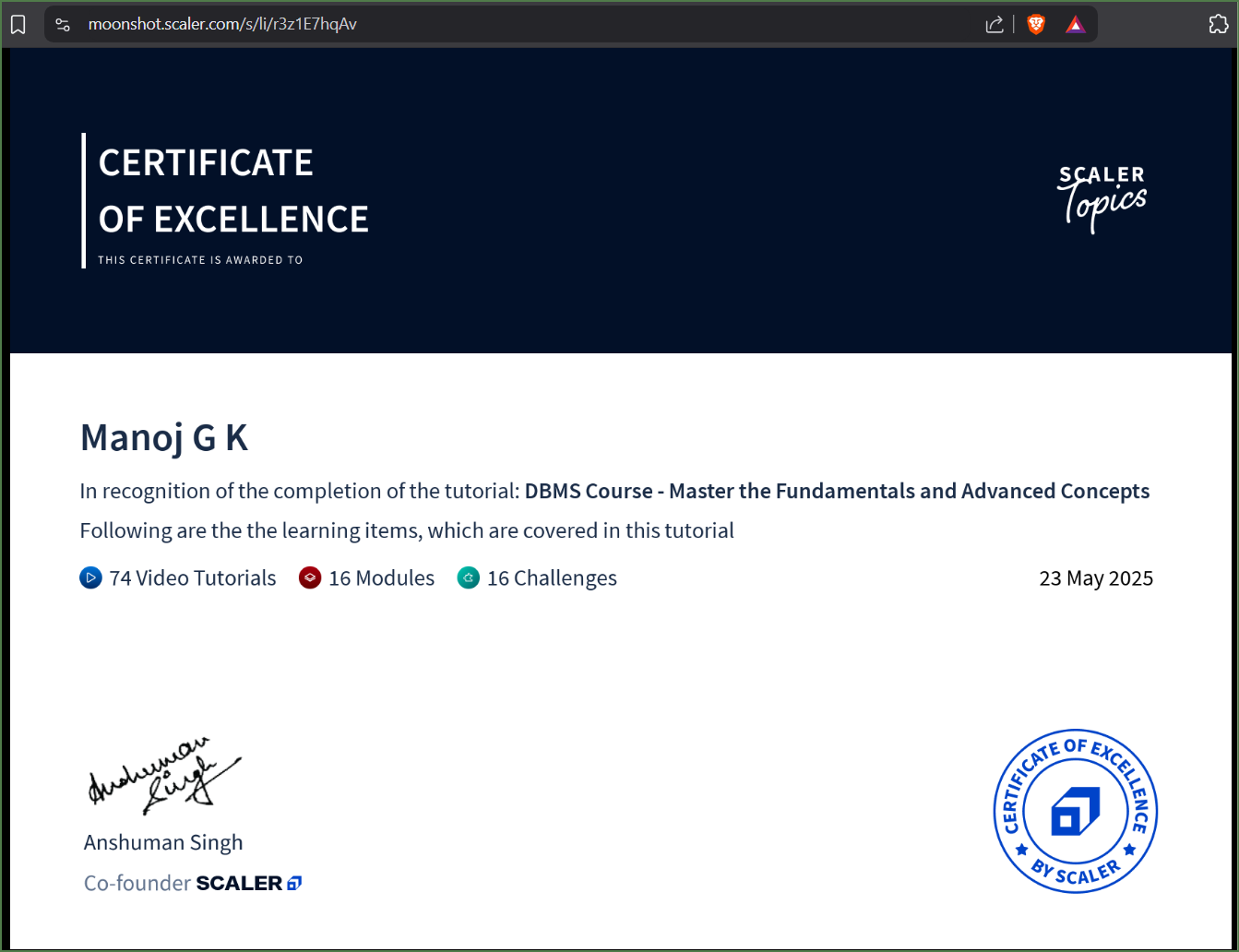 DBMS Advanced Certificate
